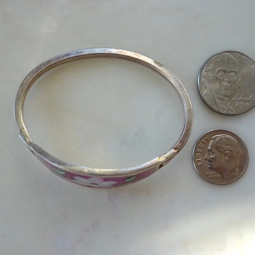 Child's Size Abalone & Mother of Pearl Cloissoné Alpaca Mexico Hinged Bracelet